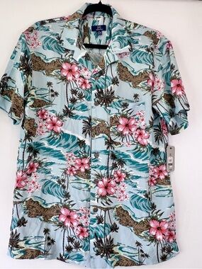 NWT George Light Blue Hawaiian Shirt Mens Small Tropical Floral Button-Down